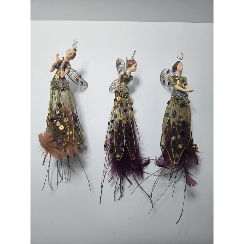 Vintage Whimsical Gold Mesh Winged Plumage Pixie Fairy Hanging Ornaments Lot 3